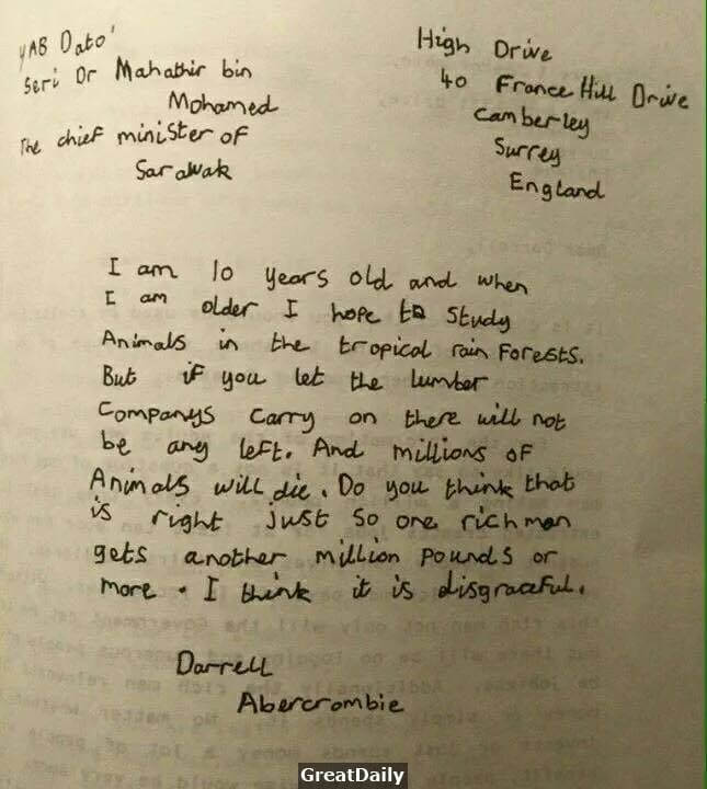 1987年「马来西亚总理马哈蒂尔」给「英国小孩达雷尔」的回信
